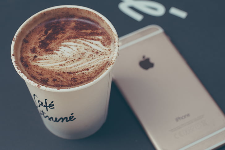 gold, iphone, near, disposable, coffee, cup, cafe
