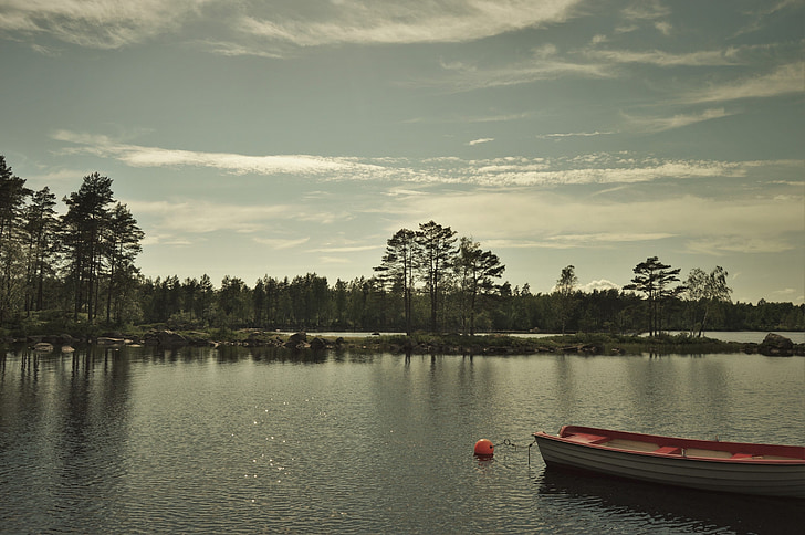 barco, agua, Lago, verano, noche, puesta de sol, Suecia