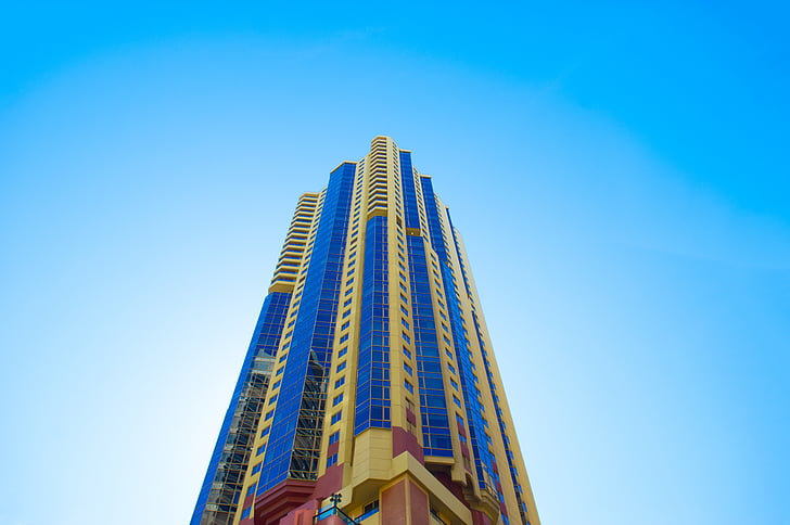 architecture, building, high-rise, low angle shot, perspective, sky, skyscraper