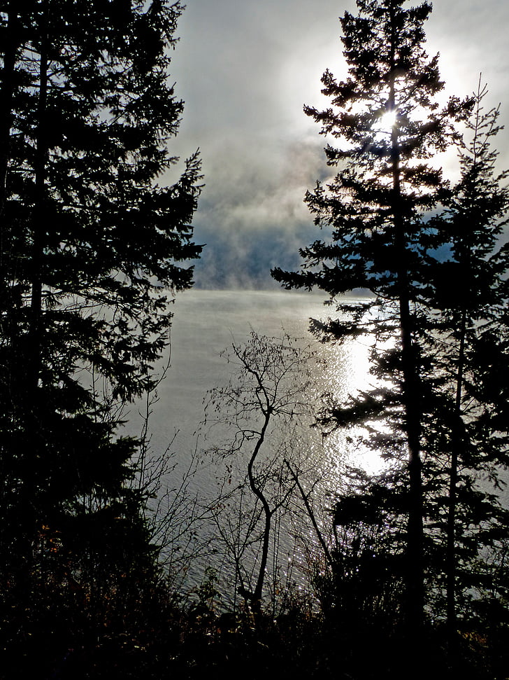 tidigt på morgonen, soluppgång, moln, Canim lake, British columbia, Kanada, vacker natur