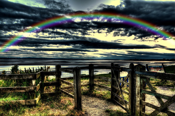 gate, rainbow, hdr, surreal, landmark, historic, scene