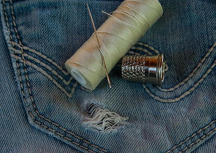 パンツ, ジーンズ, 古い, 着用, 穴, クチュール, 針