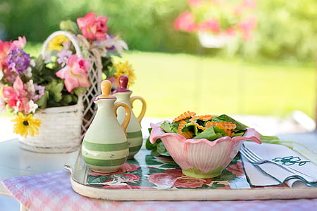 bol, flowerbasket, aliments, aperitius, safata, decoració, taula