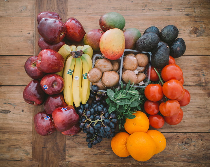 fruits, en bonne santé, frais, orange, pomme, Banna, raisins