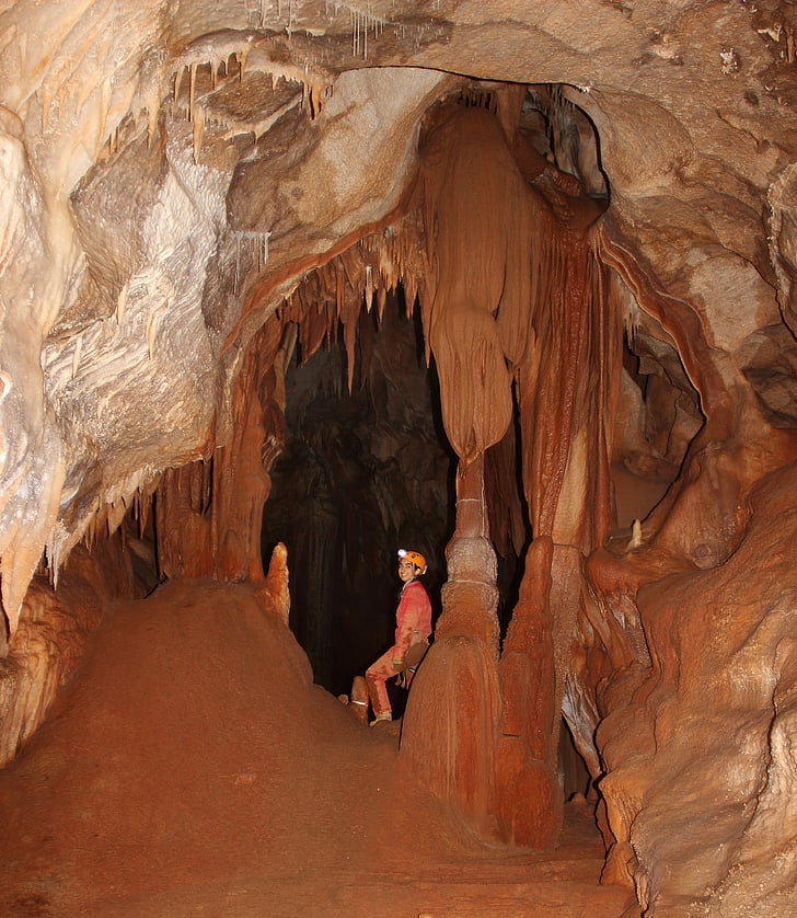 speleologický, zhutnění, žena jeskyňář, jeskyně, hory, sportovní, horolezectví
