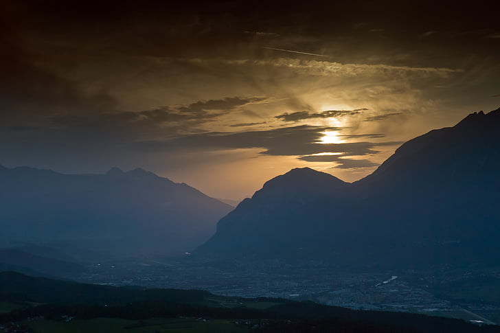 hegyek, naplemente, Alpok, Inn-völgyben, Innsbruck, Ausztria