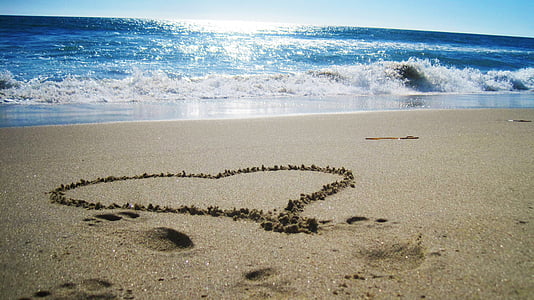 praia, areia, oceano, coração, mar, onda, Verão
