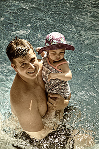 баща, плувен басейн, малко дете, басейн, бебе, плуване, вода