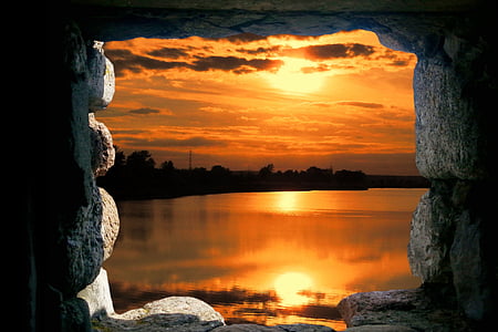 landscape, cave, window, sunset, photo montage, reflection, water