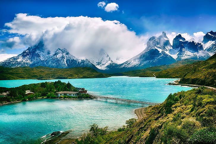 Chile, paisaje, cielo, nubes, montañas, nieve, Lago