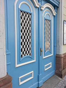 porta, gol, entrada, azul claro, velho, portão, arquitetura