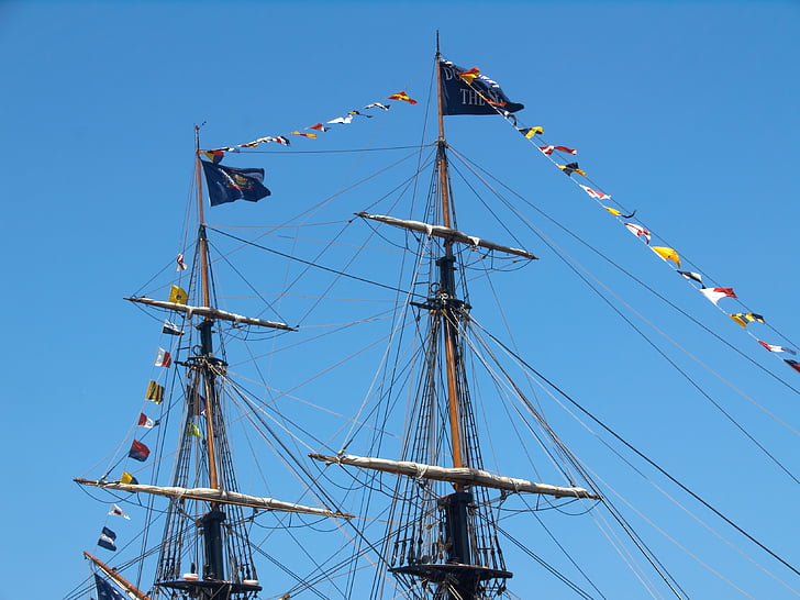 tvåmastad, pirat, navigering, blå himmel, segelfartyg, nautiska fartyg, tall ship