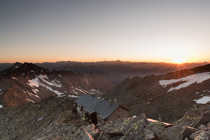 sunset, mountain, house, top, wilderness, landscape, hike