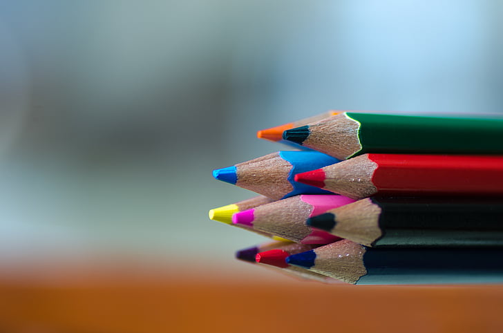 farver, blyant, makro, uddannelse, tegning, blå, grøn
