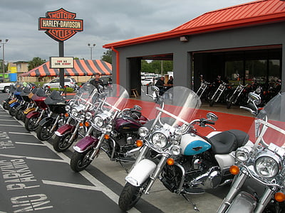 Harley-davidson, motorosbolt, trgovina, motorji, veliko motorja, oranžna