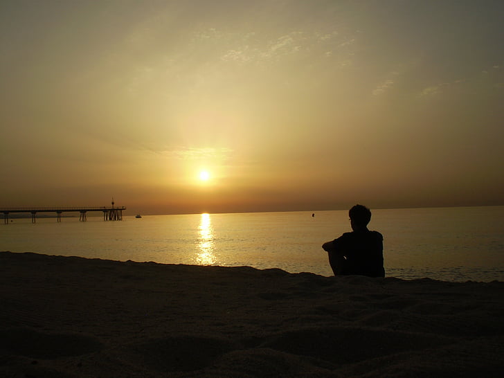 sunset, beach, silhouette, person, observing, dawn, sun