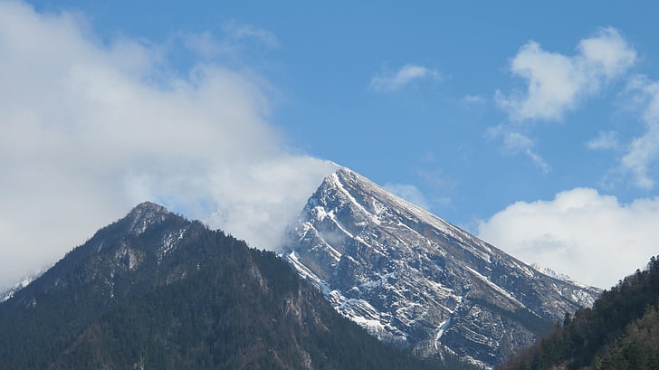 tavaszi, Jiuzhaigou, szélroham, hegyi, természet, hegycsúcs, hó
