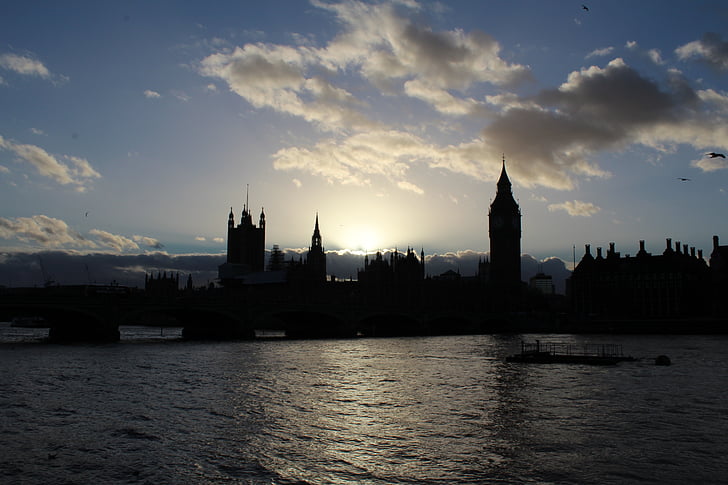 Londra, nehir, bulutlar, günbatımı, Simgesel Yapı, Thames, İngiltere