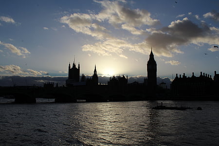 London, floden, moln, solnedgång, landmärke, Thames, England