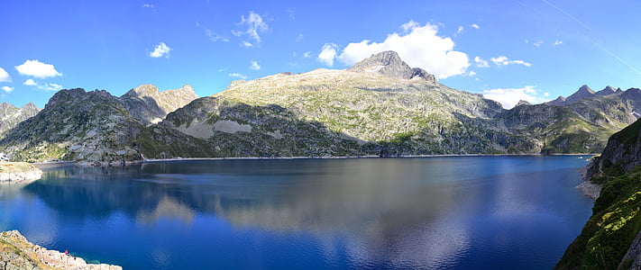 lake, landscape, mountain, outdoors, panoramic, reflection, rocky mountain