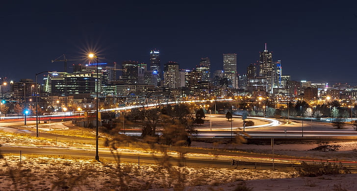 Denver, linha do horizonte, paisagem urbana, à noite, céu, luzes, paisagem