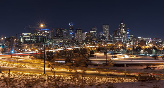 Denver, Skyline, paisaje urbano, noche, cielo, luces, paisaje