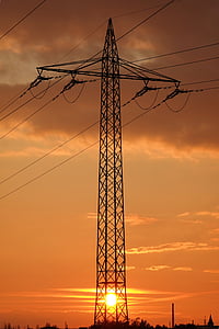 sunset, current, strommast, high voltage, steel, pylon, sun
