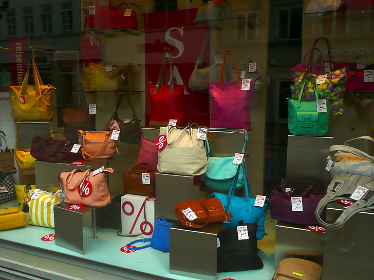 håndtasker, butiksvindue, detail, farverige, mode