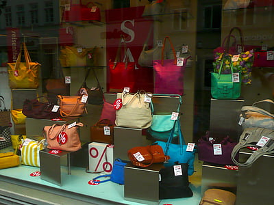 handväskor, skyltfönster, detaljhandel, färgglada, mode