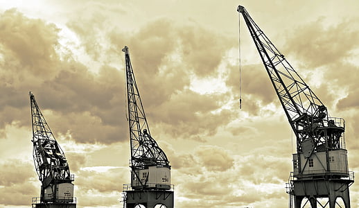 harbour cranes, sky, clouds, industry, port, cranes, shipping