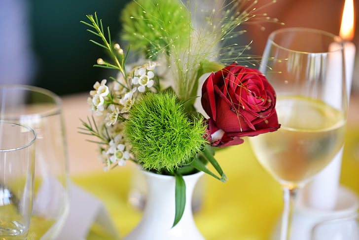 Poroka, dekoracija, Rose, rdeča, zelena dekoracija, Tabela nastavitev, pitje kozarec