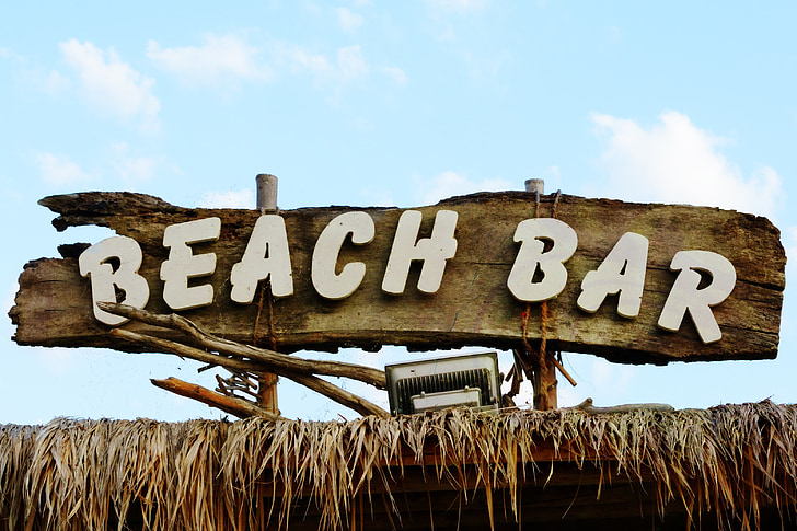 Beach bar, Bemærk, skjold, træ tegn, bar, Register, tegn