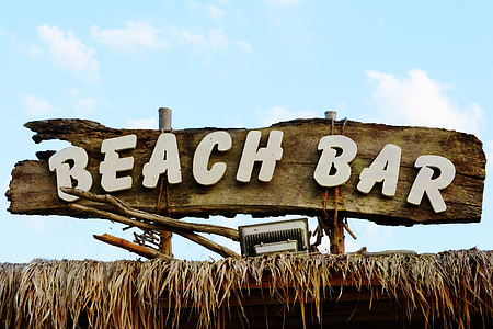 beach bar, note, shield, wooden sign, bar, directory, characters