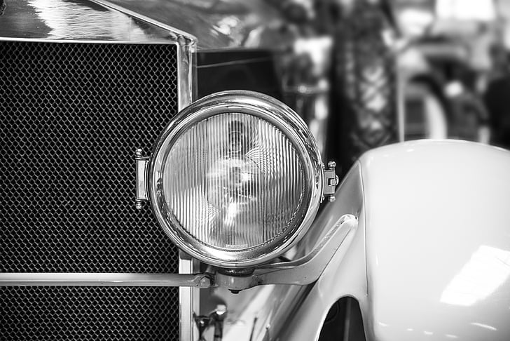 automotive, black-and-white, car, classic, headlight, vehicle, vintage