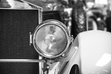 spotlight, auto, oldtimer, black and white, vehicle, automotive, old