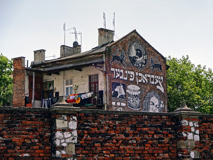 Nástěnná malba, pouliční umění, graffiti, Krakov, Kazimierz, budova, cihla