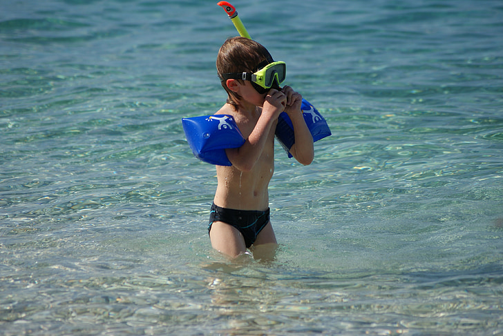 child, summer, diver, water, sea, beach, unconcern