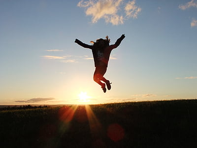 dusk, fun, girl, jumping, outdoors, person, silhouette