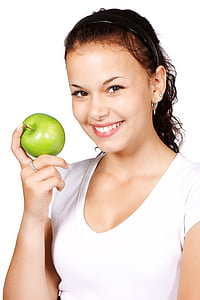 apple, female, food, fruit, model, person, smile