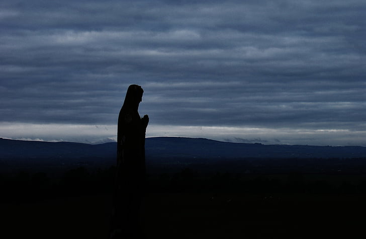 silhouette, virgin, mary, statue, cloud, clouds, ireland