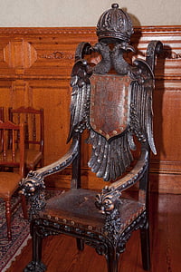 throne, wood, carved, turned, rest, leather, coat of arms