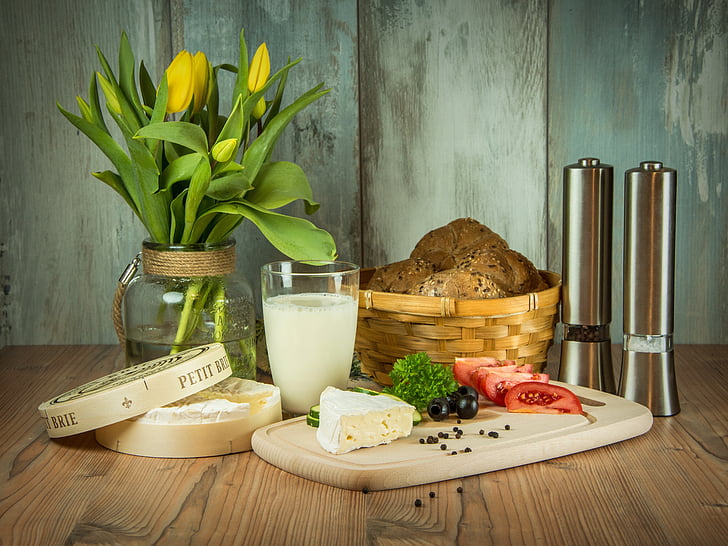 colazione, fiori, Tulipani, fiore, formaggio, pomodori, latte