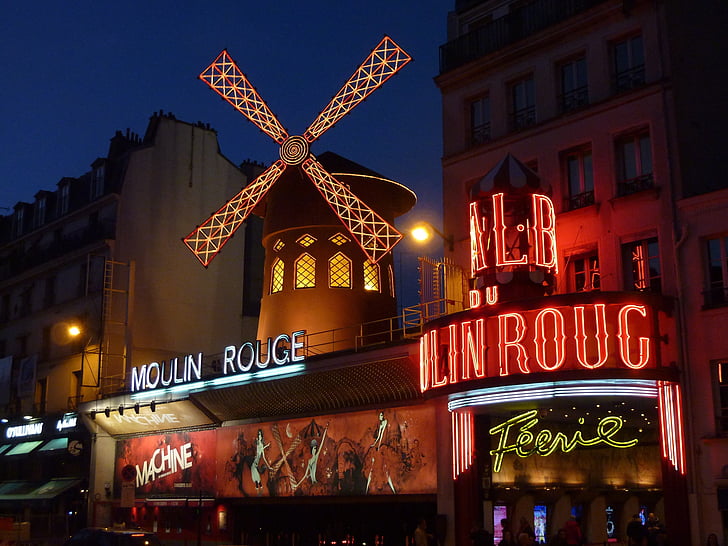 Moulin, Rogue, budynek, Moulin Rouge, Paryż, Czerwony Młyn, Montmartre