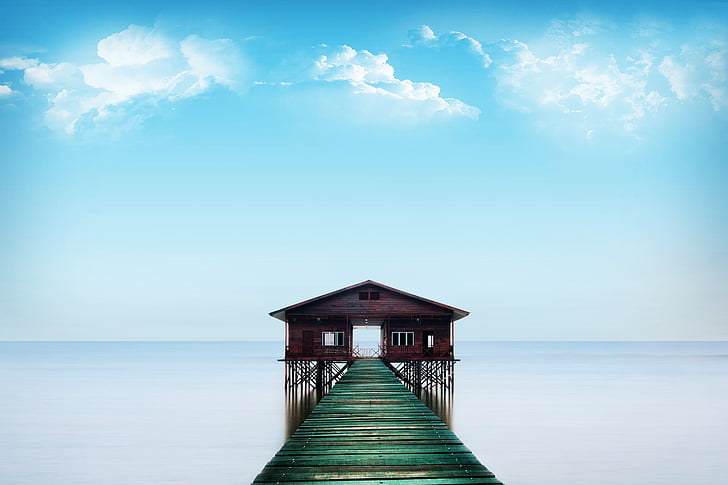 blue, ocean, house, bridge, floating pontooon, landscape, sky