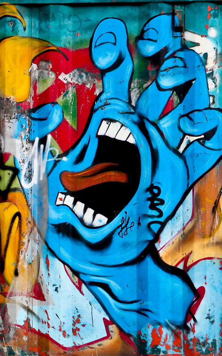 blue, red, hand, mouth, painting, art, Graffiti, Art