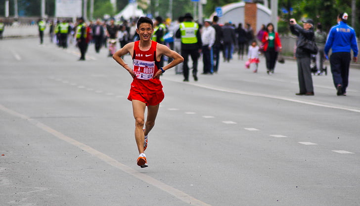 Runner, maraton, zmęczony, Ulica, młody, mężczyzna, Chiński
