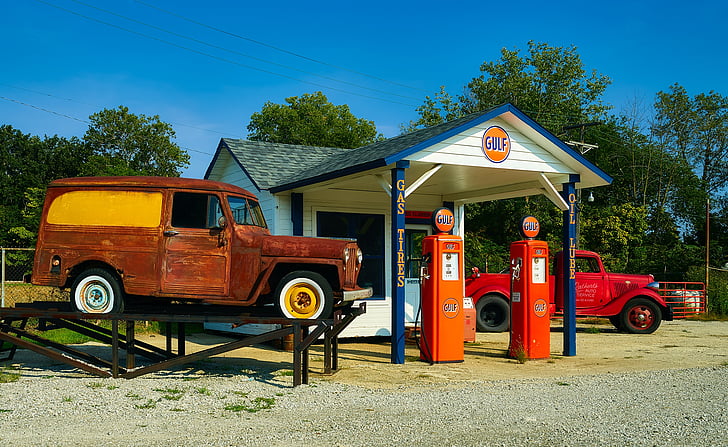 bensinstasjon, Vintage, antikk, nostalgi, pumper, bensin, biler