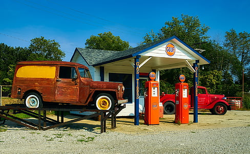 Tankstelle, Jahrgang, Antik, Nostalgie, Pumpen, Benzin, Autos