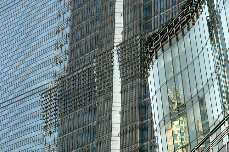 fasada, stekleno fasado, nebotičnik, zrcaljenje, steklo, stekla, diski