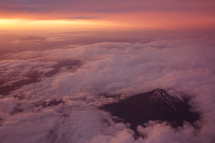 aérienne, photographie, volcan, nuages, coucher de soleil, Nuage, Japon